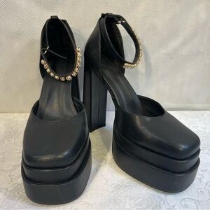 Vankaring Black Goth Chunky Platform Shoes Rhinestone Ankle Strap Punk Rock 8.5